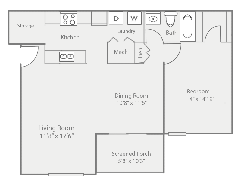 Floor plan for 1 bed, 1 bath, 885 sqft